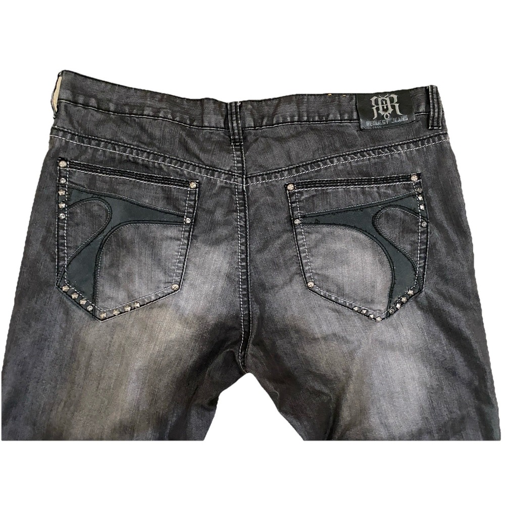 VTG Y2K Request Jeans Charcoal Men 42x32 Seat Fade Stretch Embellished Pockets